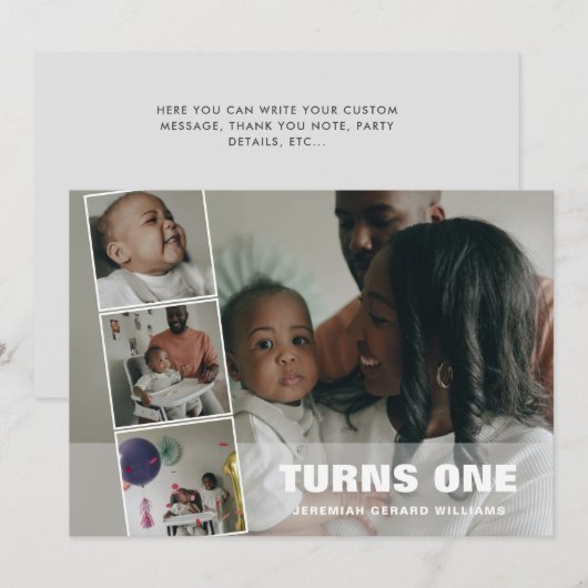 Eerste verjaardag 4 Fotocollage geboorteaankondigi Feestdagenkaart (Voorkant / Achterkant)