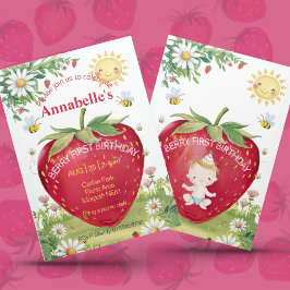 Eerste Verjaardag Aardbei Picknick Zoet Een Zomer Kaart