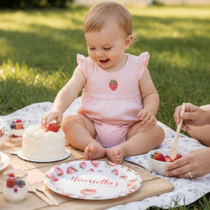 Eerste verjaardag Aardbeien Waterverf Feestborden Papieren Bordje