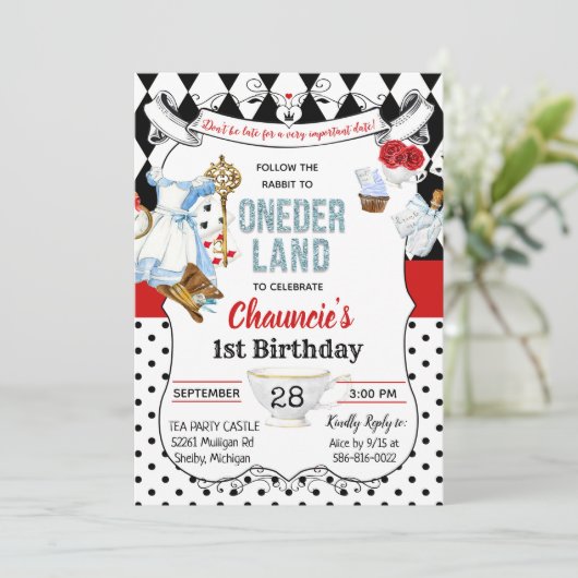 Eerste Verjaardag Alice in Wonderland Uitnodiging (Staand voorkant)