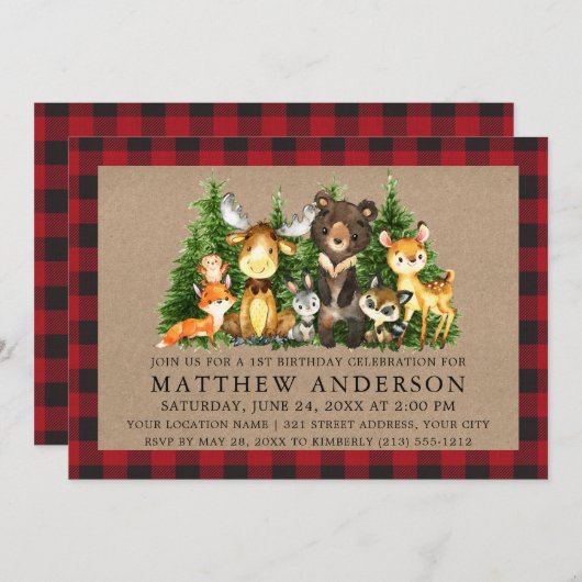Eerste verjaardag Aquarel Bosdieren Rustiek Kaart (Voorkant / Achterkant)