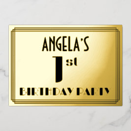 Eerste verjaardag: Art Deco Kijk "1" en naam Folie Uitnodiging