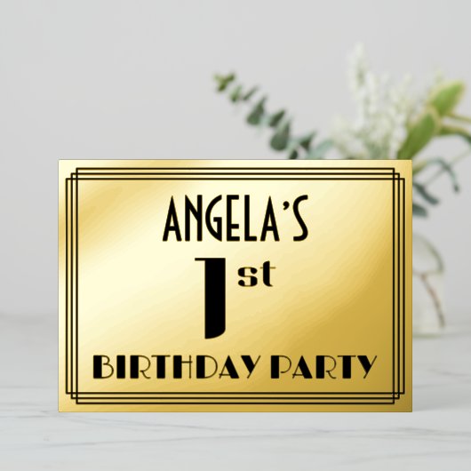 Eerste verjaardag: Art Deco Kijk "1" en naam Folie Uitnodiging (Staand Voorkant)