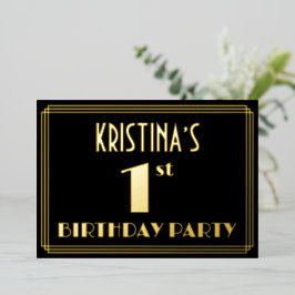 Eerste verjaardag: Art Deco Kijk "1", met naam Folie Uitnodiging