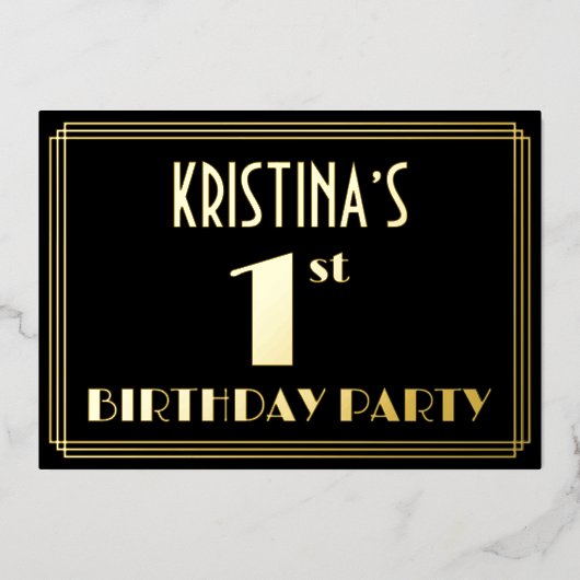 Eerste verjaardag: Art Deco Kijk "1", met naam Folie Uitnodiging (Voorkant)