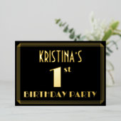 Eerste verjaardag: Art Deco Kijk "1", met naam Folie Uitnodiging (Staand Voorkant)