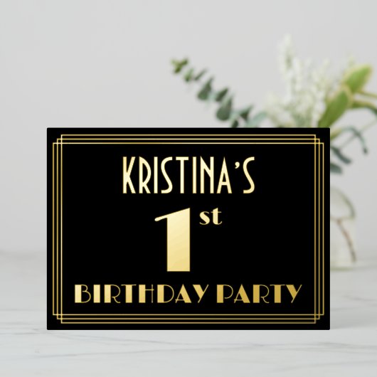 Eerste verjaardag: Art Deco Kijk "1", met naam Folie Uitnodiging (Staand Voorkant)