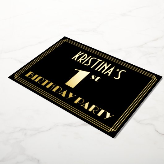 Eerste verjaardag: Art Deco Kijk "1", met naam Folie Uitnodiging (Gedraaid)