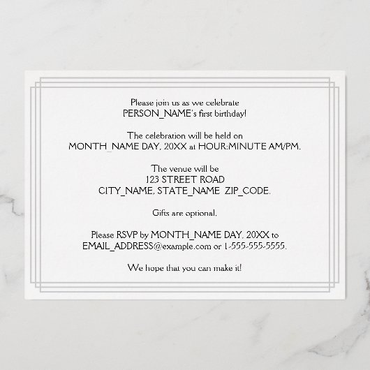 Eerste verjaardag: Art Deco Kijk "1", met naam Folie Uitnodiging (Achterkant)