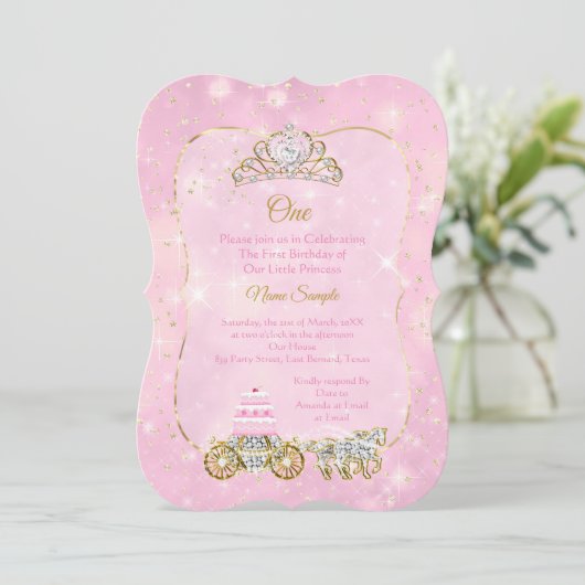 Eerste verjaardag Assepoester Roze Carriage Cake Kaart (Staand voorkant)