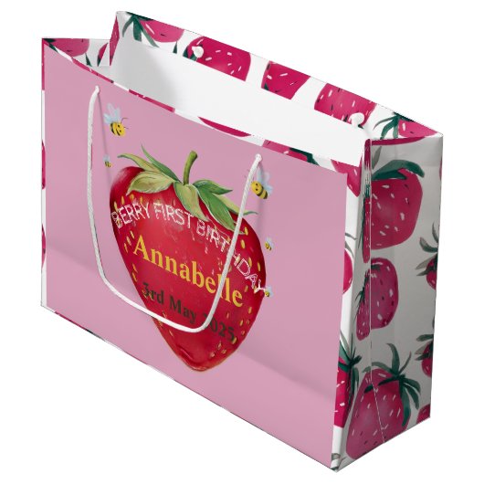 Eerste verjaardag Baby 1e aardbei Schattige Groot Cadeauzakje (Voorkant Gekanteld)