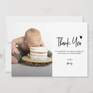 Eerste verjaardag Baby Foto Moderne hart Script Bedankkaart