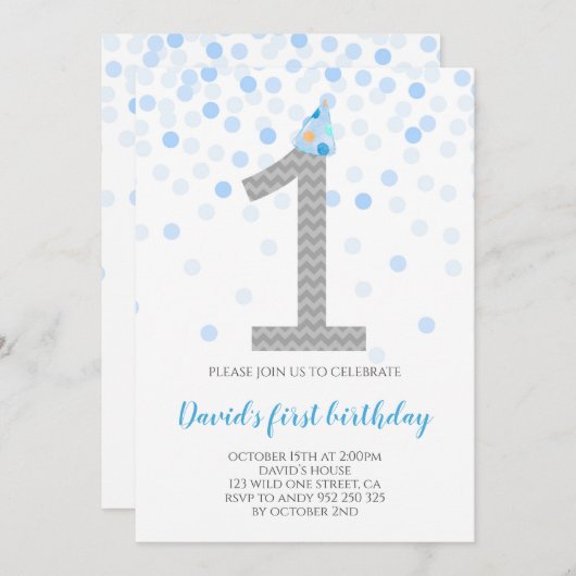 Eerste verjaardag baby jongen blauwe confetti jong kaart (Voorkant / Achterkant)