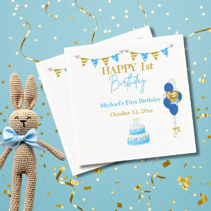 Eerste verjaardag baby jongen blauwe gouden ballon servet