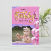 Eerste Verjaardag Baby Meisje Fotoontwerp Kaart (Staand voorkant)