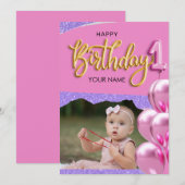 Eerste Verjaardag Baby Meisje Fotoontwerp Kaart (Voorkant / Achterkant)