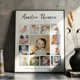 Eerste verjaardag baby mijlpaal bord met 13 foto's poster