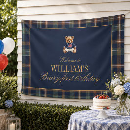 Eerste verjaardag banner met berenprint en marineb