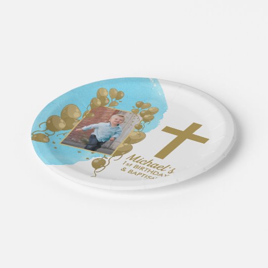 Eerste verjaardag Baptisme Gold Balloons Foto Papieren Bordje (Gekanteld)