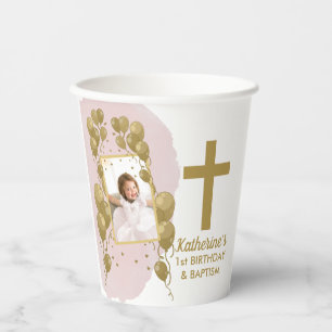 Eerste verjaardag Baptisme Pink Gold Balloons Foto Papieren Bekers