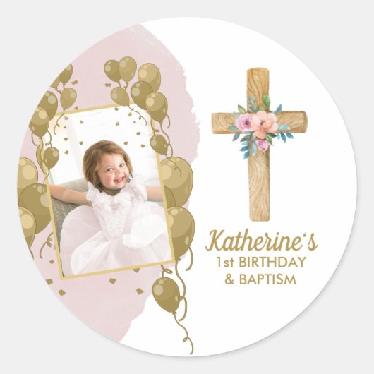 Eerste verjaardag Baptisme Pink Gold Balloons Foto Ronde Sticker (Voorkant)