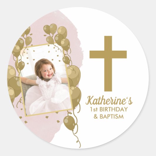 Eerste verjaardag Baptisme Pink Gold Balloons Foto Ronde Sticker (Voorkant)