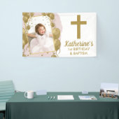 Eerste verjaardag Baptisme Pink Gold Balloons Foto Spandoek (Beurs)
