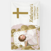 Eerste verjaardag Baptisme Pink Gold Balloons Foto Spandoek (Verticaal)