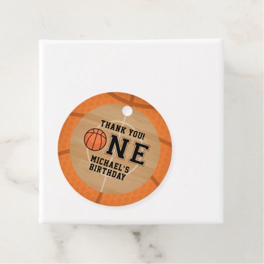 Eerste verjaardag, basketbal bedankjes labels (In situ)