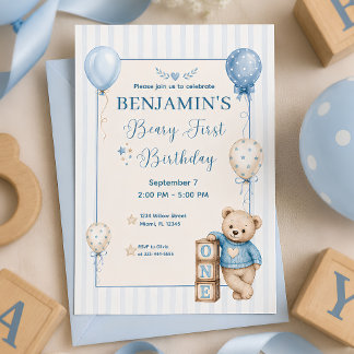Eerste verjaardag Beary Blauw Baby Jongen 1e Verja Kaart