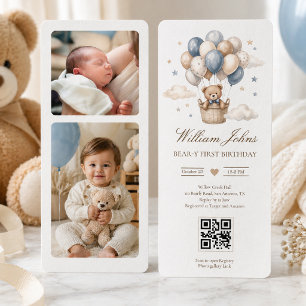 Eerste verjaardag Beary Blauwe Gouden Teddybeer QR Kaart