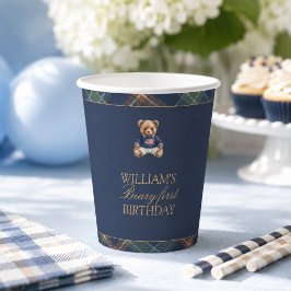 Eerste verjaardag Beary Navy geruite teddybeer Papieren Bekers