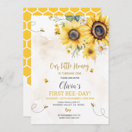 Eerste Verjaardag Bee Zonnebloem Kaart (Voorkant / Achterkant)
