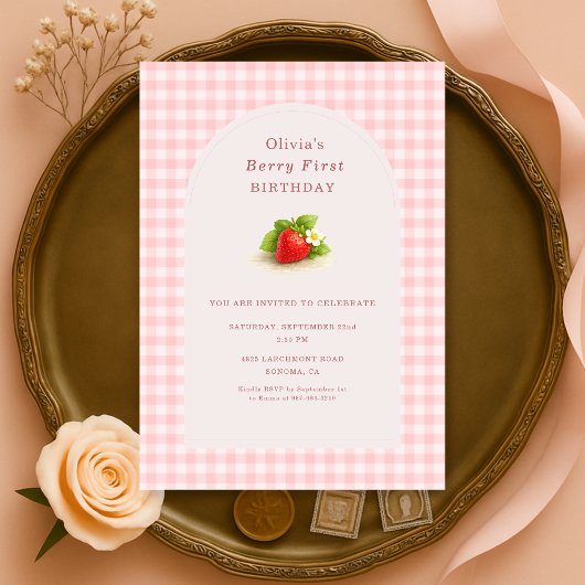 Eerste verjaardag Berry First Strawberry Gingham Kaart