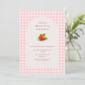Eerste verjaardag Berry First Strawberry Gingham Kaart (Staand voorkant)