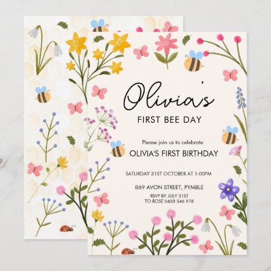Eerste verjaardag bijen kaart (Voorkant / Achterkant)