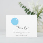 Eerste verjaardag blauwe ballon bedankje bedankkaart (Staand voorkant)