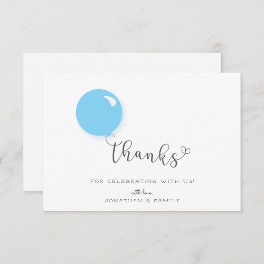 Eerste verjaardag blauwe ballon bedankje bedankkaart (Voorkant / Achterkant)