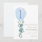 Eerste verjaardag Blauwe Ballon Kaart (Voorkant / Achterkant)