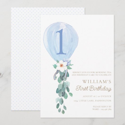 Eerste verjaardag Blauwe Ballon Kaart (Voorkant / Achterkant)