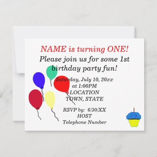 Eerste verjaardag blauwe cupcake ballonnen uitnodi kaart (Achterkant)