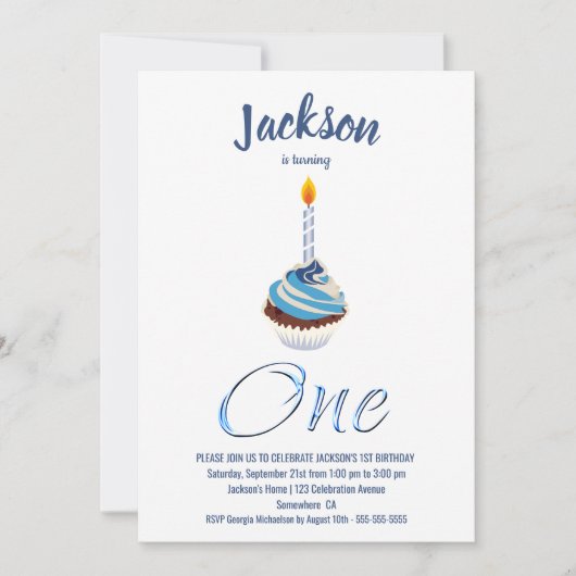 Eerste verjaardag blauwe cupcake-feestje kaart (Voorkant)