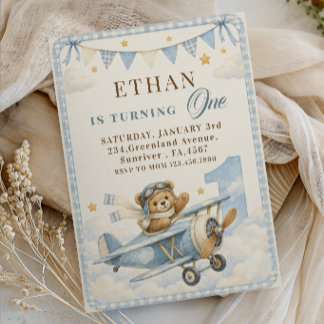 Eerste verjaardag Blauwe Gingham Teddybeer Vliegtu Kaart