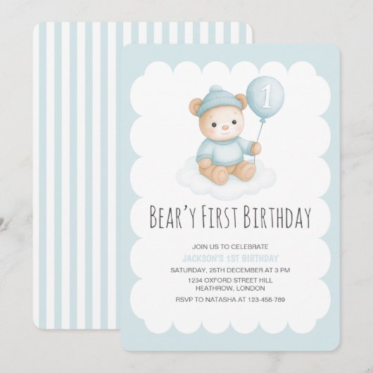 Eerste verjaardag blauwe teddybeer Beary Kaart (Voorkant / Achterkant)