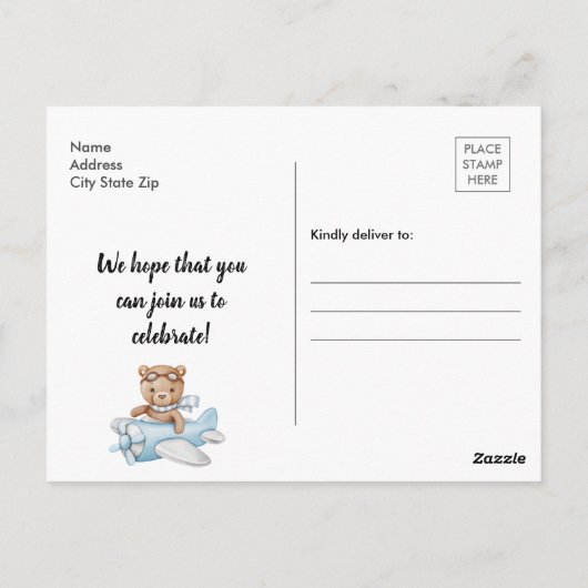 Eerste verjaardag blauwe teddybeer in vliegtuig briefkaart (Achterkant)