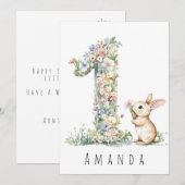 Eerste verjaardag bloem één & konijn kaart (Voorkant / Achterkant)