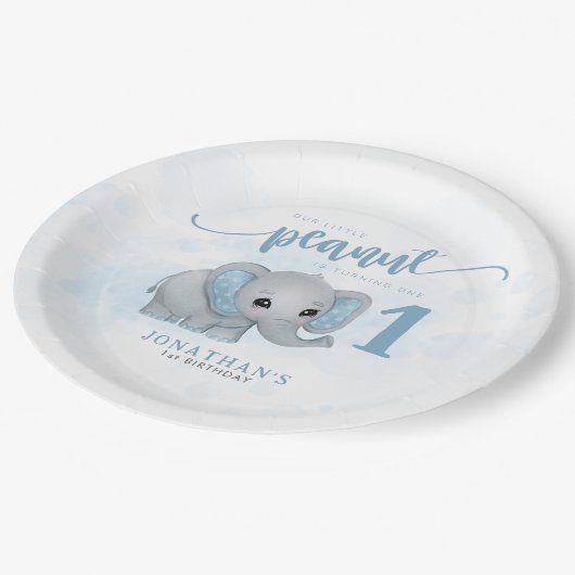 Eerste verjaardag Blue Elephant Boy 1e verjaardag Papieren Bordje (Gekanteld)