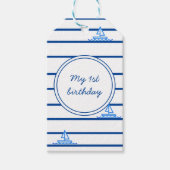Eerste verjaardag Blue Sail Boat en Stripes Favor Cadeaulabel (Voorkant)