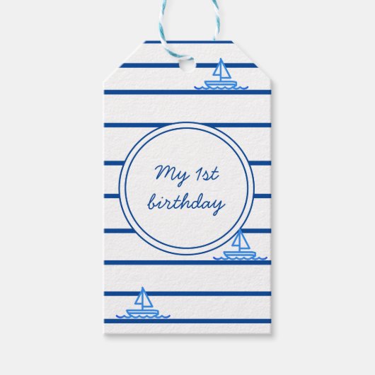 Eerste verjaardag Blue Sail Boat en Stripes Favor Cadeaulabel (Voorkant)