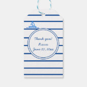 Eerste verjaardag Blue Sail Boat en Stripes Favor Cadeaulabel (Achterkant)